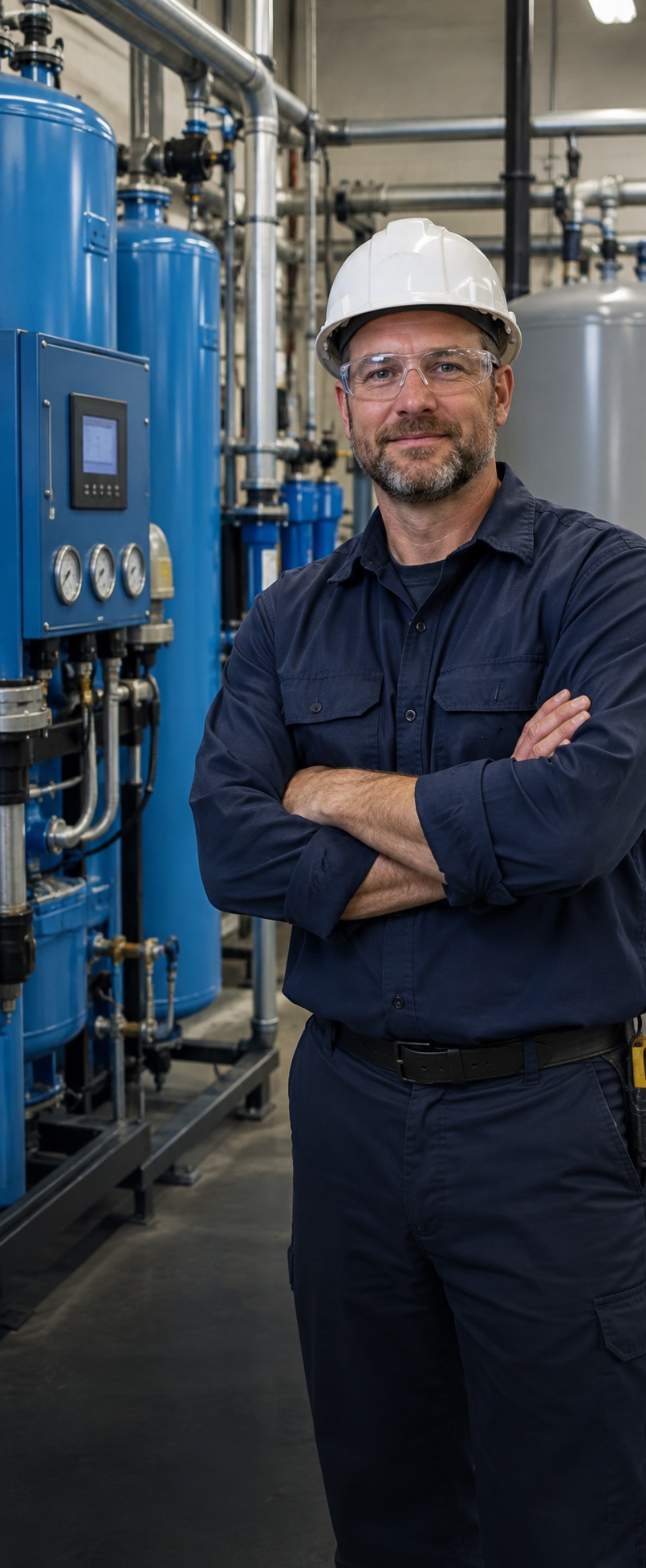 Industrial field technician beside compressed air and nitrogen equipment